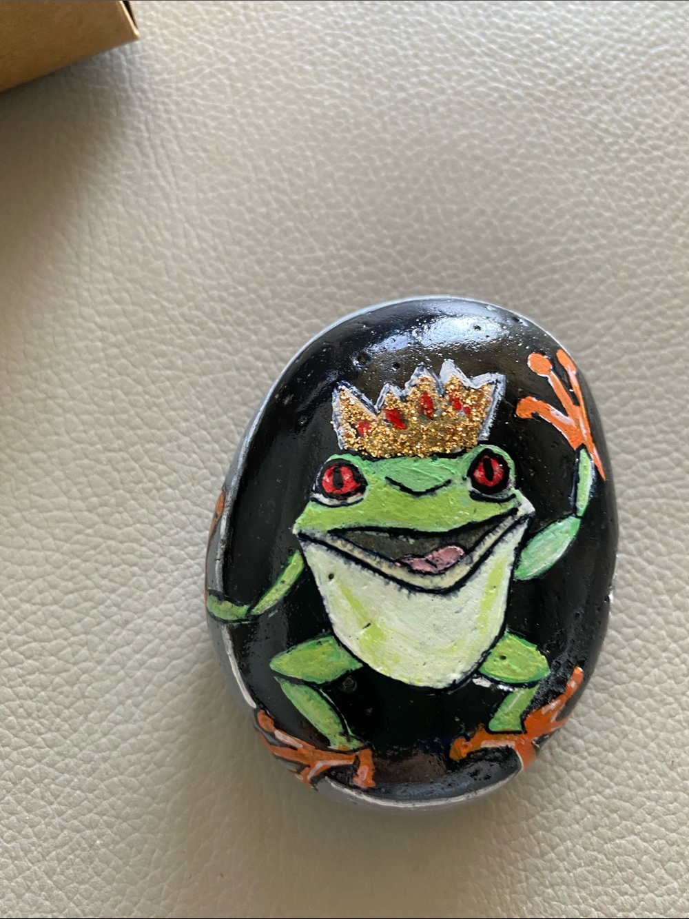 Rock Art Hand-Painted Frog Prince on Natural Stone